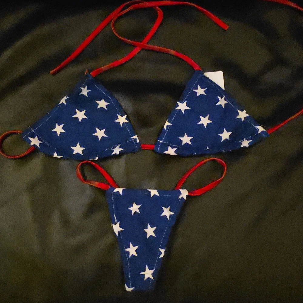 Sexy American Flag Swimsuit Triangle Top And Thong With Coverup 3 Piece - Picture 3 of 11